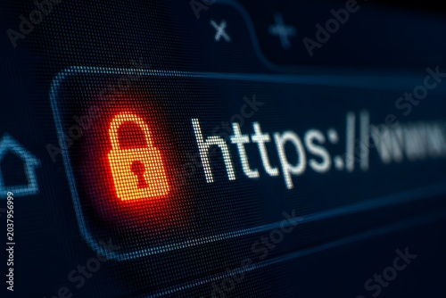 A close-up view of a web browser's address bar displaying a red padlock icon and 'https://', indicating a potential security warning or an insecure connection.