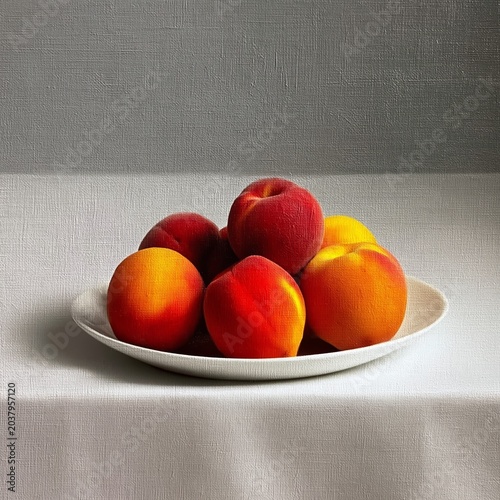 Fresh Peaches Arranged on a White Plate in a Kitchen Setting With Soft Light