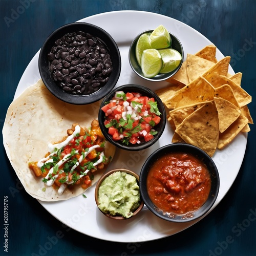 Tacos With Beans, Salsa, Guacamole, Chips, and Lime on a Plate at a Restauran...