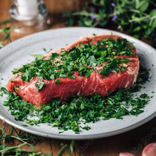 Fresh Beef Cut With Herbs Ready for Cooking on Wooden Table