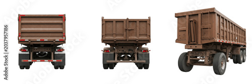 Schilderij op canvas Set of heavy industrial brown dumper truck seen from a straight rear view, showcasing large rugged wheels and commercial transport cargo container storage system, isolated white background