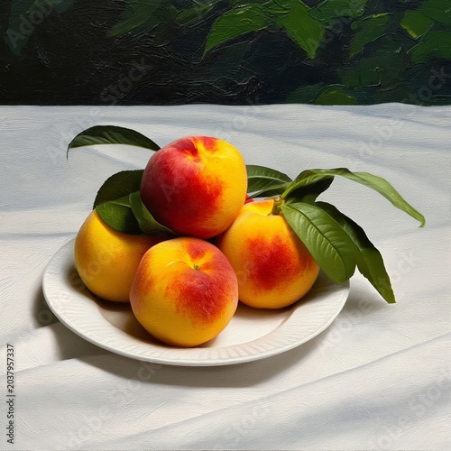 Fresh Peaches on a White Plate With a Fork and Knife on a Table Setting
