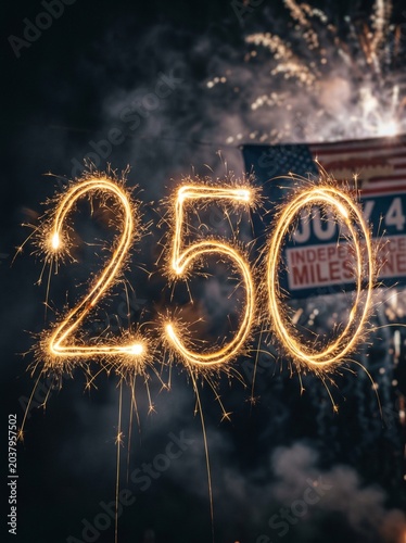 Number 250 written in sparkling light painting with fireworks and American Independence Day sign glowing in the dark background.