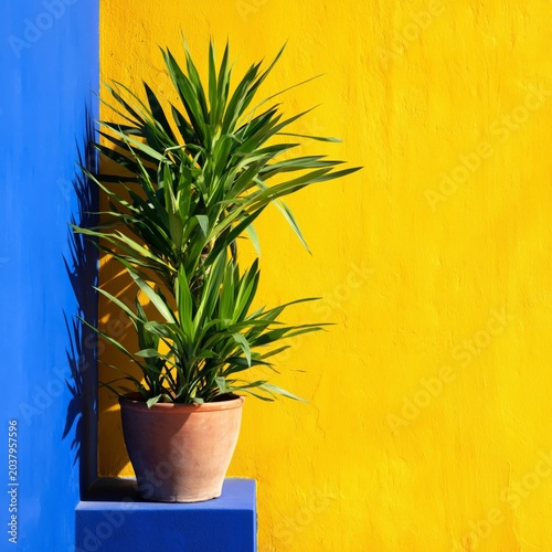 Ficus Plant in White Pot in Front of Blue and Yellow Wall During Daytime