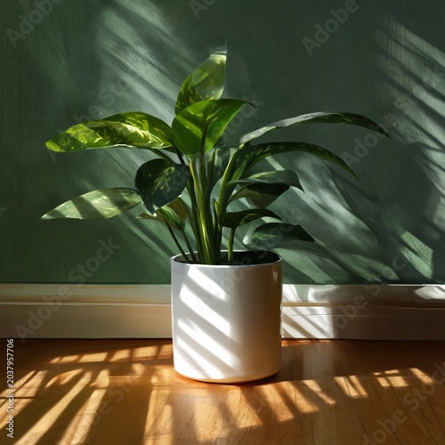 Light Shines Through Leaves of a Plant Beside a Wall in a Room With Wooden Floor