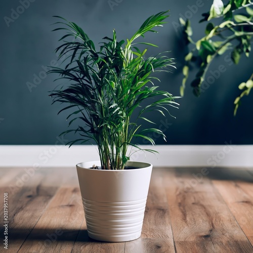 Light Shines Through Leaves of a Plant Beside a Wall in a Room With Wooden Floor