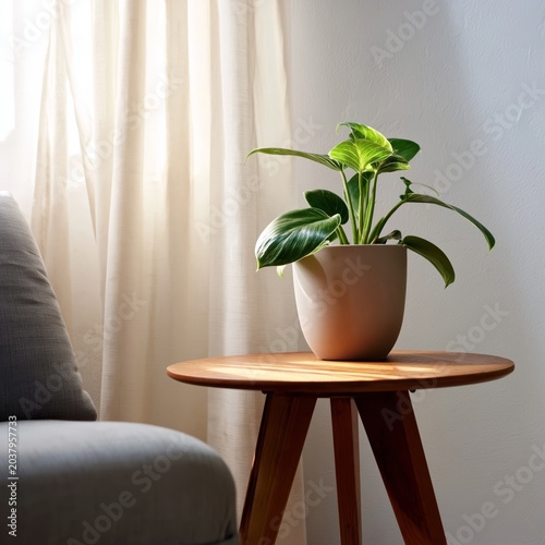 Plant on Wooden Table Beside Couch in Bright Room With Sunlight