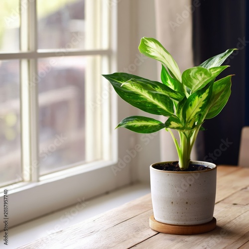 Plant in White Pot on Wooden Stool in Modern Room With Light Walls and Wooden...