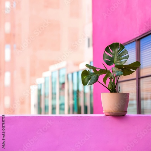 Plant Sits on Pink Wall With City Buildings in Background During Daylight Hours