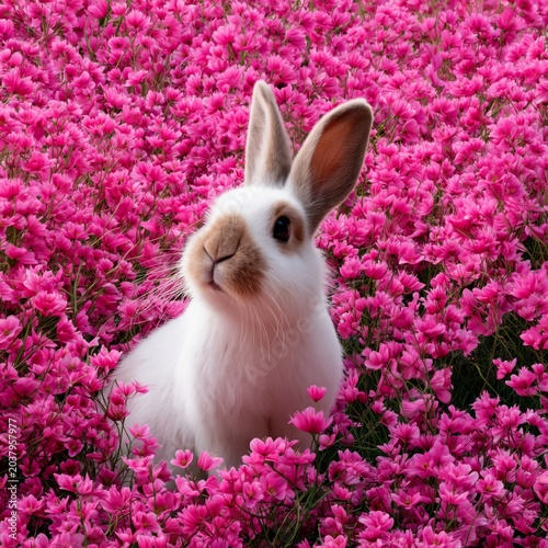 Rabbit Sitting Among Pink Flowers in a Field During Springtime in the Afterno...