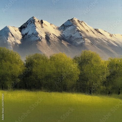 Mountains Rise Behind Green Trees in a Sunny Field During the Day in Spring