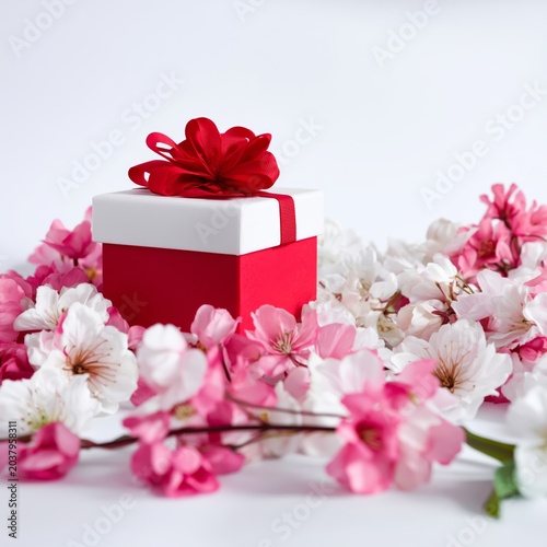 Gift Box With Red Ribbon Surrounded by Pink and White Flowers on a White Back...