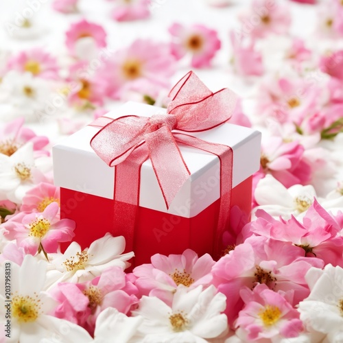 Gift Box Placed on Pink Flowers With White Petals in a Bright Setting During ...