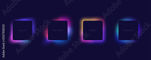 Abstract neon glowing squares on dark background with gradient light effects. Modern vaporwave style square frames with colorful luminous blur. Ideal for text box, web banner, poster.