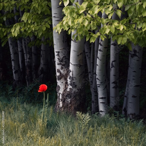 Bright Red Flower Stands Alone by Birch Trees in a Forest During Daytime