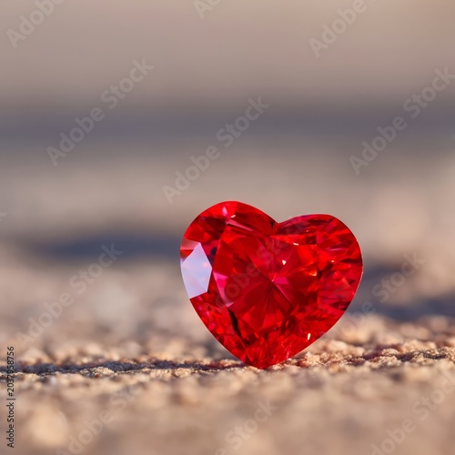 Bright Red Heart Shaped Jewel Placed on a Smooth Surface With Soft Light Shin...