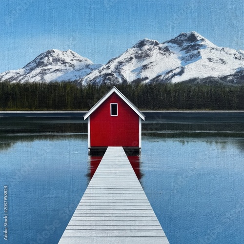 Red House Sits Alone on an Island Surrounded by Mountains and Water in a Clea...