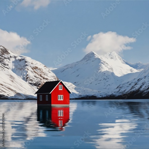 Small Red House on Calm Water With Mountains in the Background During a Clear...