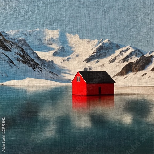 Small Red House on Calm Water With Mountains in the Background During a Clear...