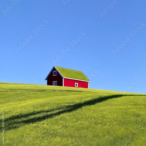 Bright Red House With Green Roof on Grassy Hill Under Clear Blue Sky