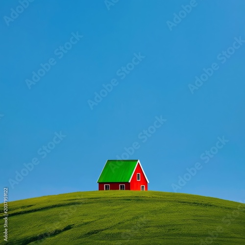 Bright Red House With Green Roof on Grassy Hill Under Clear Blue Sky