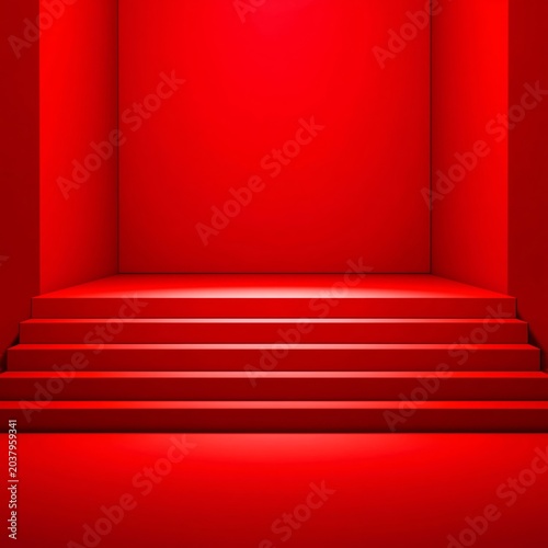 Bright Red Stage Set With Steps for Performance in an Indoor Space