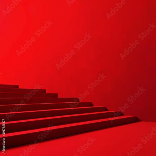 Steps Lead Upward in Bright Red Setting With Uniform Lines and Surfaces in Mo...