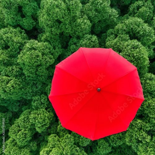 Red Umbrella in Green Forest Surrounded by Trees Captured From Above During D...