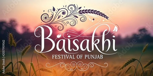 Baisakhi Festival Greeting with Wheat Field at Sunset Punjabi Harvest Celebration