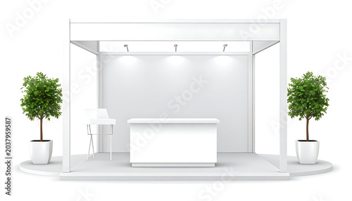 Modern exhibition stand with reception desk and potted trees, blank advertising space, event booth setup