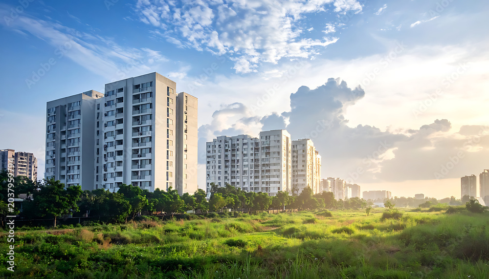 Obraz premium Modern apartment buildings in a developing suburban area at sunrise, lush green fields in the foreground with scattered wildflowers, bright sky with soft clouds