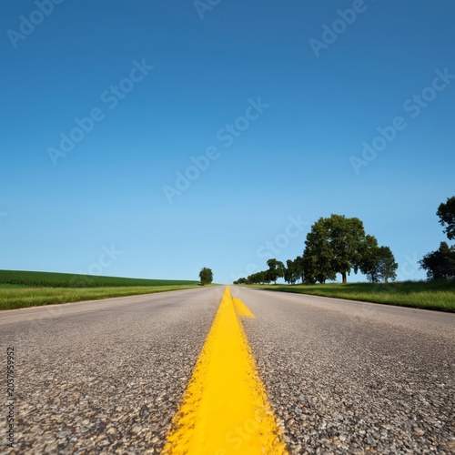 Long Road Stretches Into Distance Under Clear Blue Sky and Green Fields in Da...