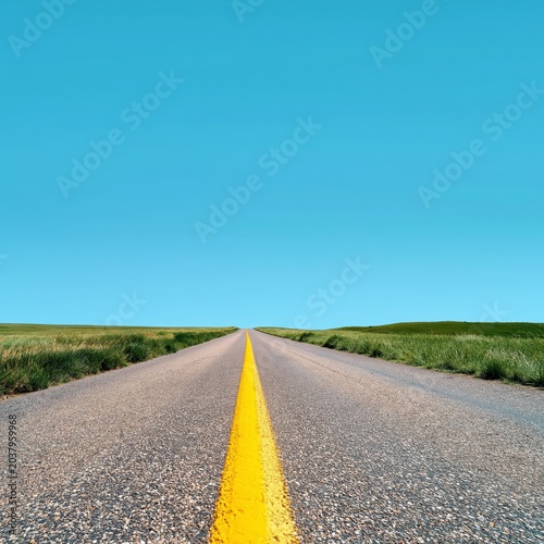 Long Road Stretches Into Distance Under Clear Blue Sky and Green Fields in Da...