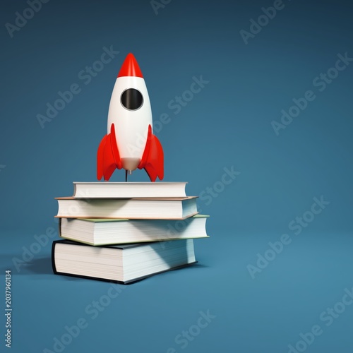 Stack of Books With a Rocket Decoration in a Cozy Reading Nook
