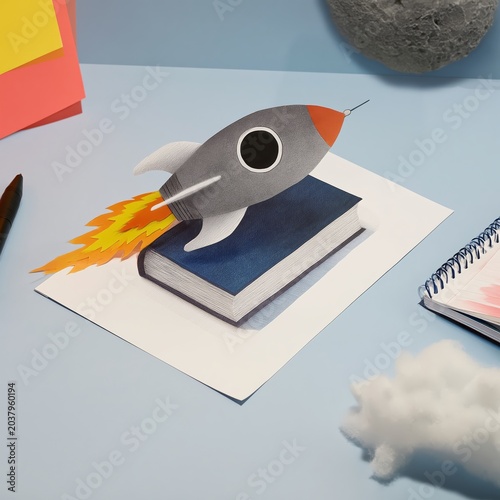 Paper Rocket Takes off From a Book on a Light Blue Desk Surrounded by Notes a...