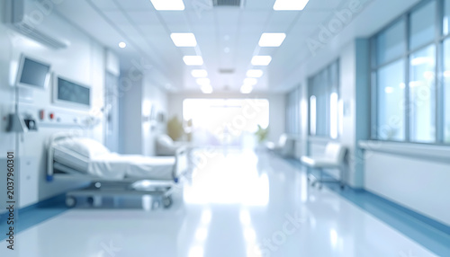 Modern hospital corridor with medical bed and bright natural light, healthcare setting, clean and sterile environment