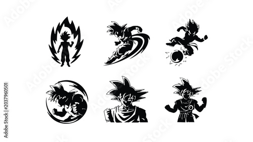 Six dynamic black and white anime character silhouettes in various poses and actions
