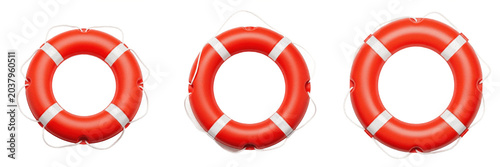 Foto Classic red and white striped lifebuoy ring floatation safety device and marine life preserver equipment for emergency nautical rescue assistance, template isolated white background