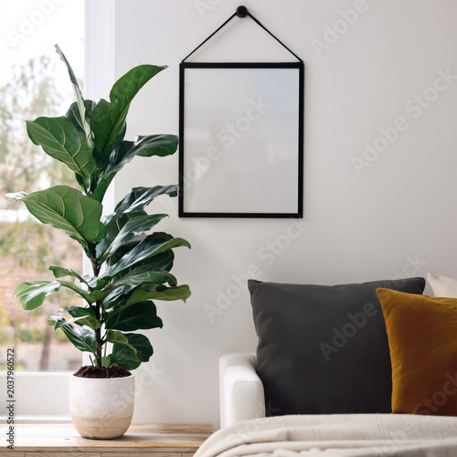 Decor in a Living Room With a Plant and an Empty Frame on the Wall