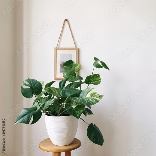 Decor in a Living Room With a Plant and an Empty Frame on the Wall