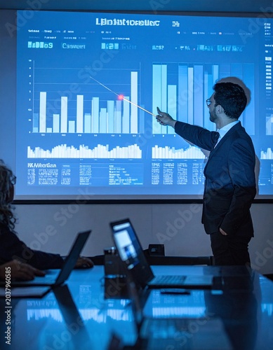 Professional analyst presenting complex financial data and growth charts on a large screen during a corporate strategy meeting, symbolizing leadership, success, and digital innovation.
