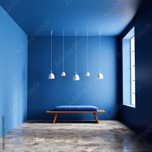 Interior Design of a Blue Room With a Bench and Hanging Lights in a Spacious ...