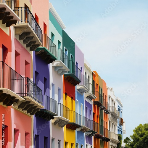Colorful Street View in a City With Painted Buildings and Clear Sky