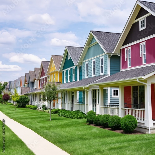 Colorful Houses Line a Street in a Residential Area on a Sunny Day