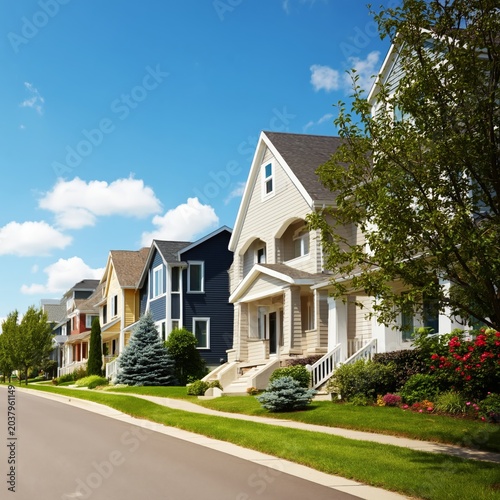 Colorful Houses Line a Street in a Residential Area on a Sunny Day