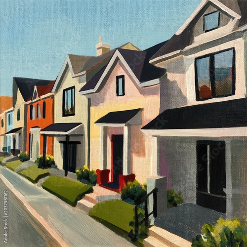 Colorful Houses Line a Street in a Residential Area on a Sunny Day