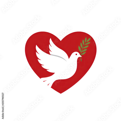 Black dove of peace in red heart logo isolated on transparent background