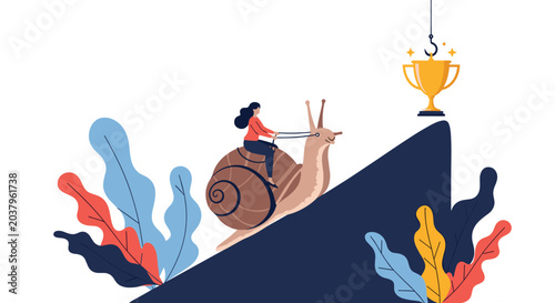 Determined woman riding a slow snail uphill toward golden winner trophy representing patience and slow progress.