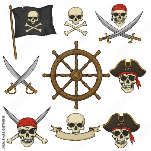 Pirate skull and crossbones design elements set isolated on transparent background