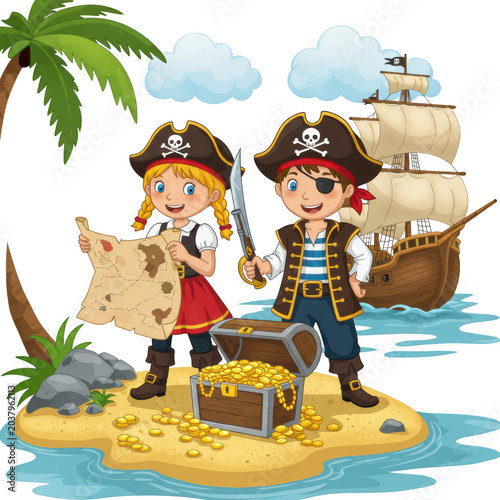 Cartoon pirate kids with treasure chest and ship isolated on transparent background
